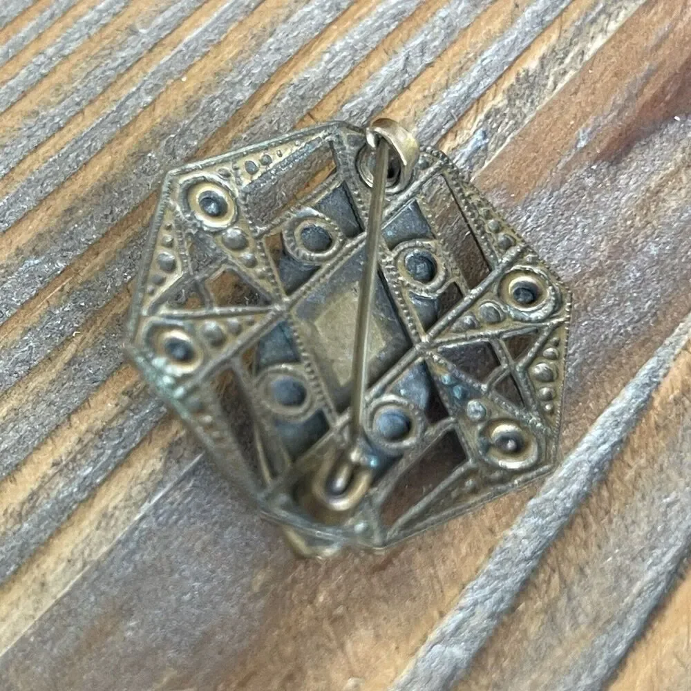 Antique Art Deco Antiqued Bronze Blue Glass Rhinestone Pin Brooch C Clasp